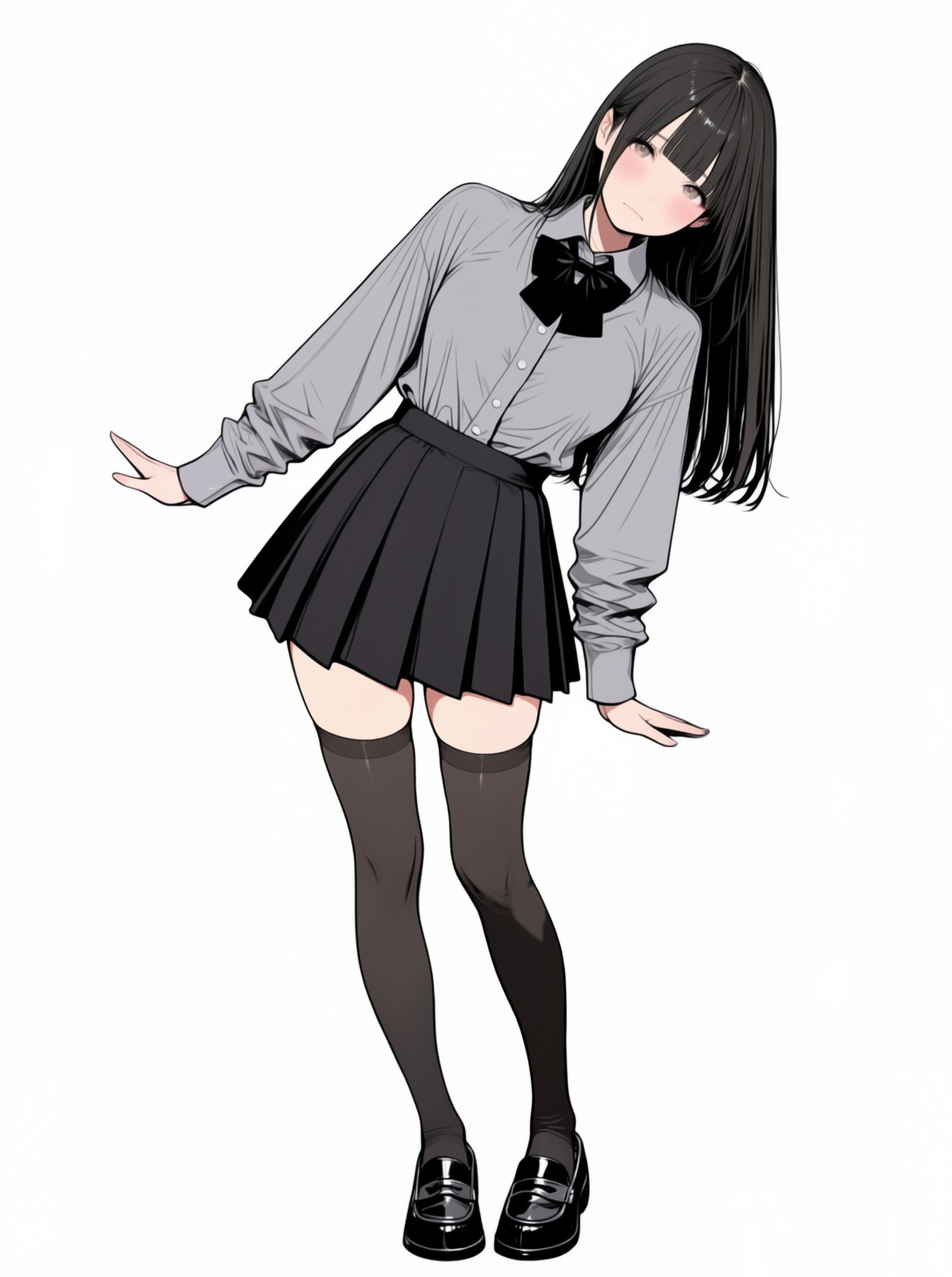 A dark gothic two-dimensional girl with black and white gradient long hair