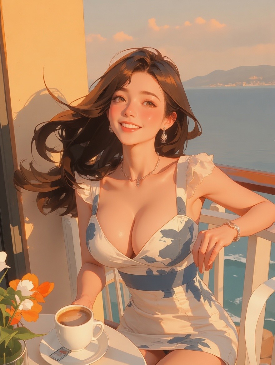 Anime beauty enjoys coffee by the beach