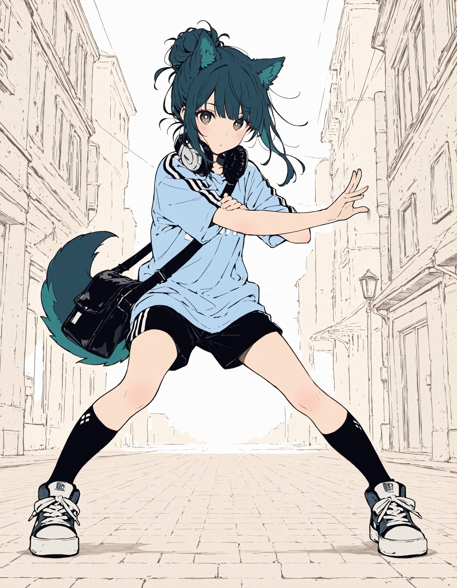 Ein katzenohr Mädchen mit blau-grünem Haar trägt ein locker sitzendes hellblaues T-Shirt und schwarze Shorts, während sie eine Straßenpose zeigt