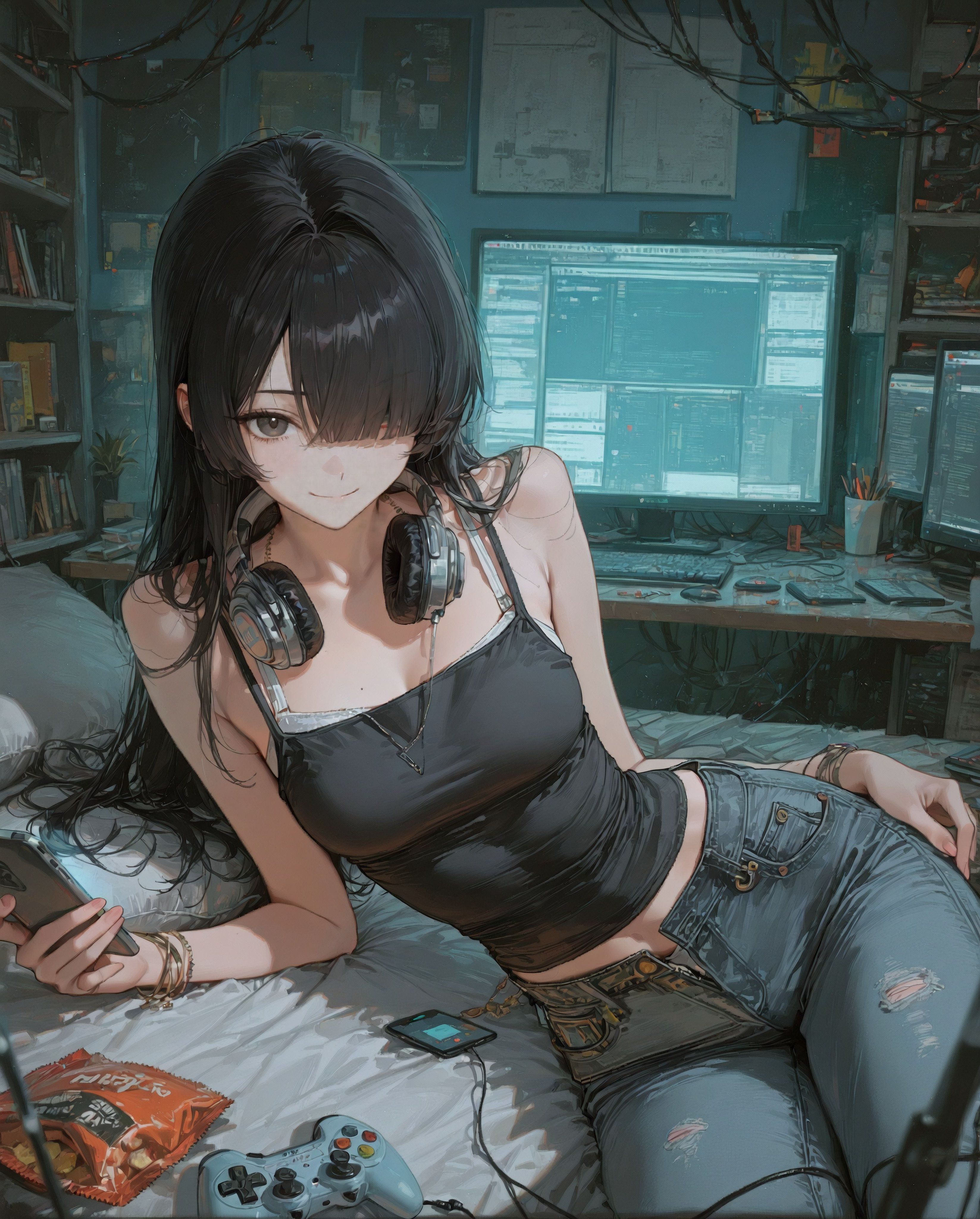 A girl with medium black wavy hair is relaxing in her bedroom wearing a black tank top and low-rise ripped jeans
