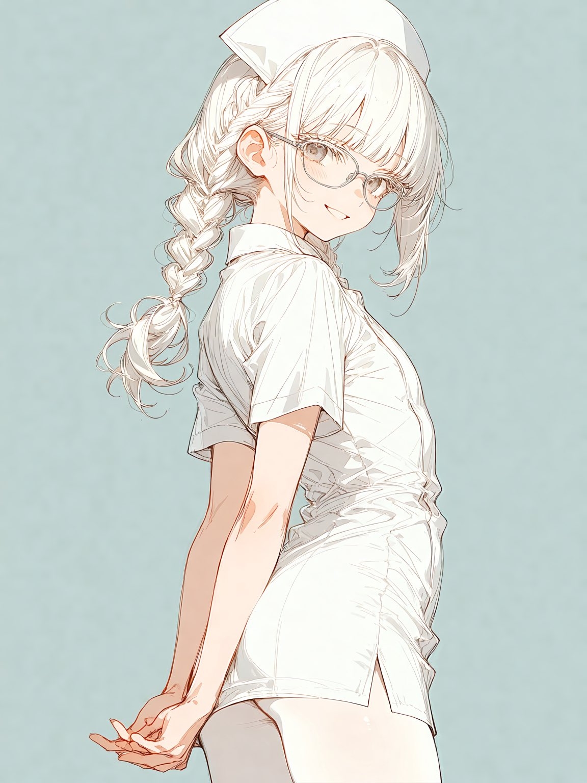 A silver-haired girl in a nurse outfit with a braided hairstyle and a nurse hat