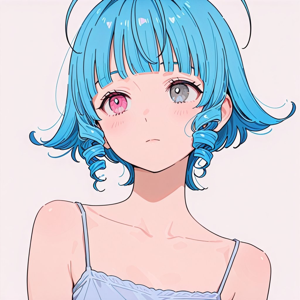 Dieses Kunstwerk zeigt ein Mädchen mit wasserblauen kurzen Haaren, dem linken Auge in Rosarot und dem rechten in Silbergrau, das ein helllila Tanktop trägt, und verkörpert den typischen Anime-Stil