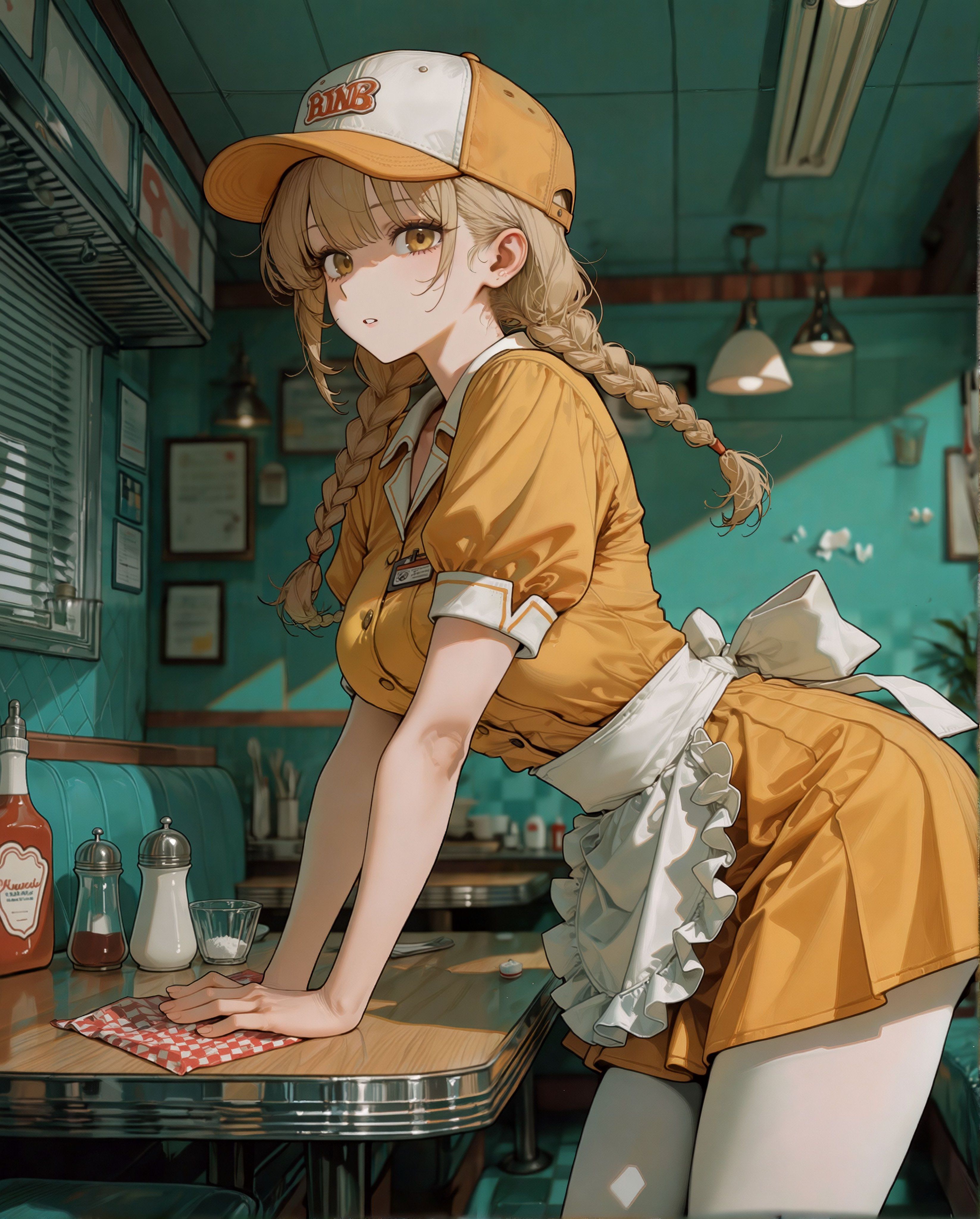 A blonde girl wearing a fast-food uniform and a frilly apron in a retro restaurant