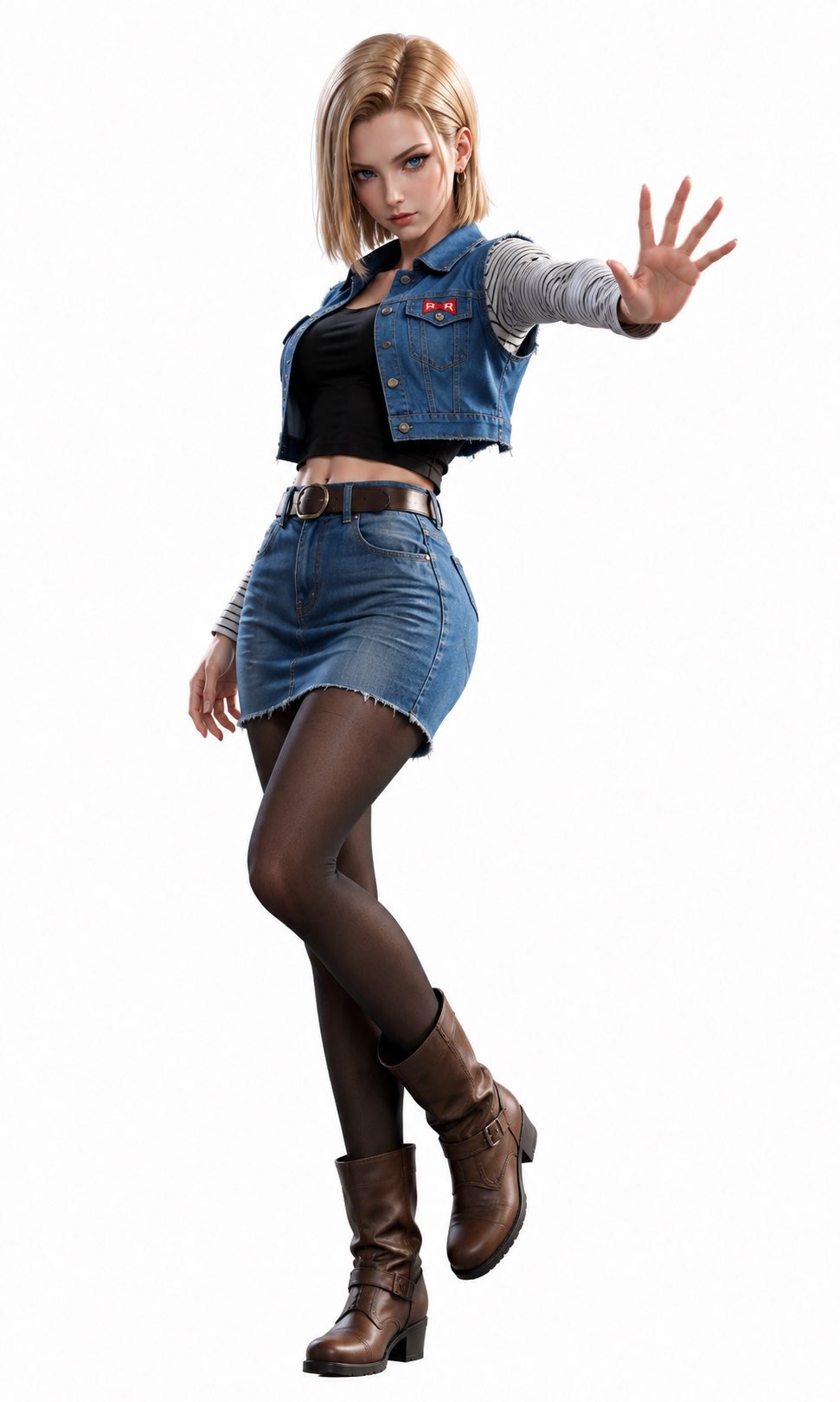 Eine blonde weibliche Figur trägt ein schwarzes Oberteil und eine blaue Jeansjacke