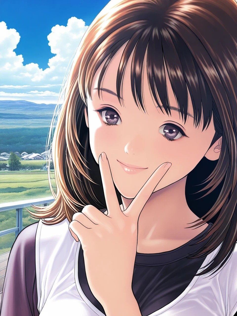 A brown-haired girl with purple eyes in a sports jacket making a V sign
