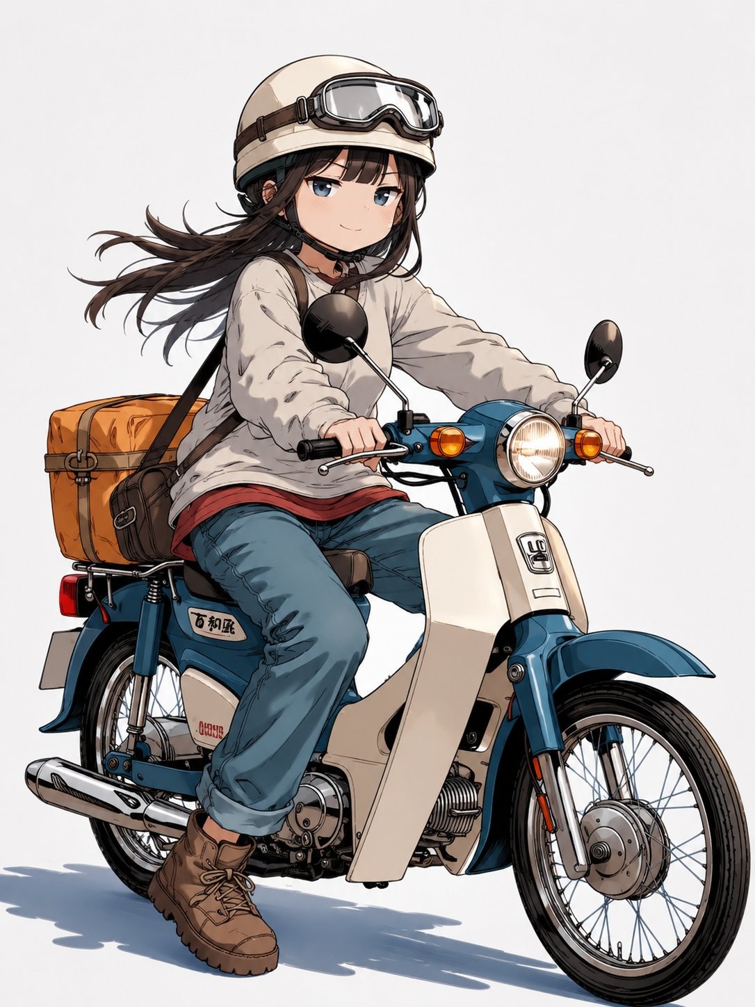 Ein Mädchen mit langen dunkelbraunen Haaren fährt ein blau-weißes Vintage-Motorrad und trägt einen Retro-Helm und transparente Goggles