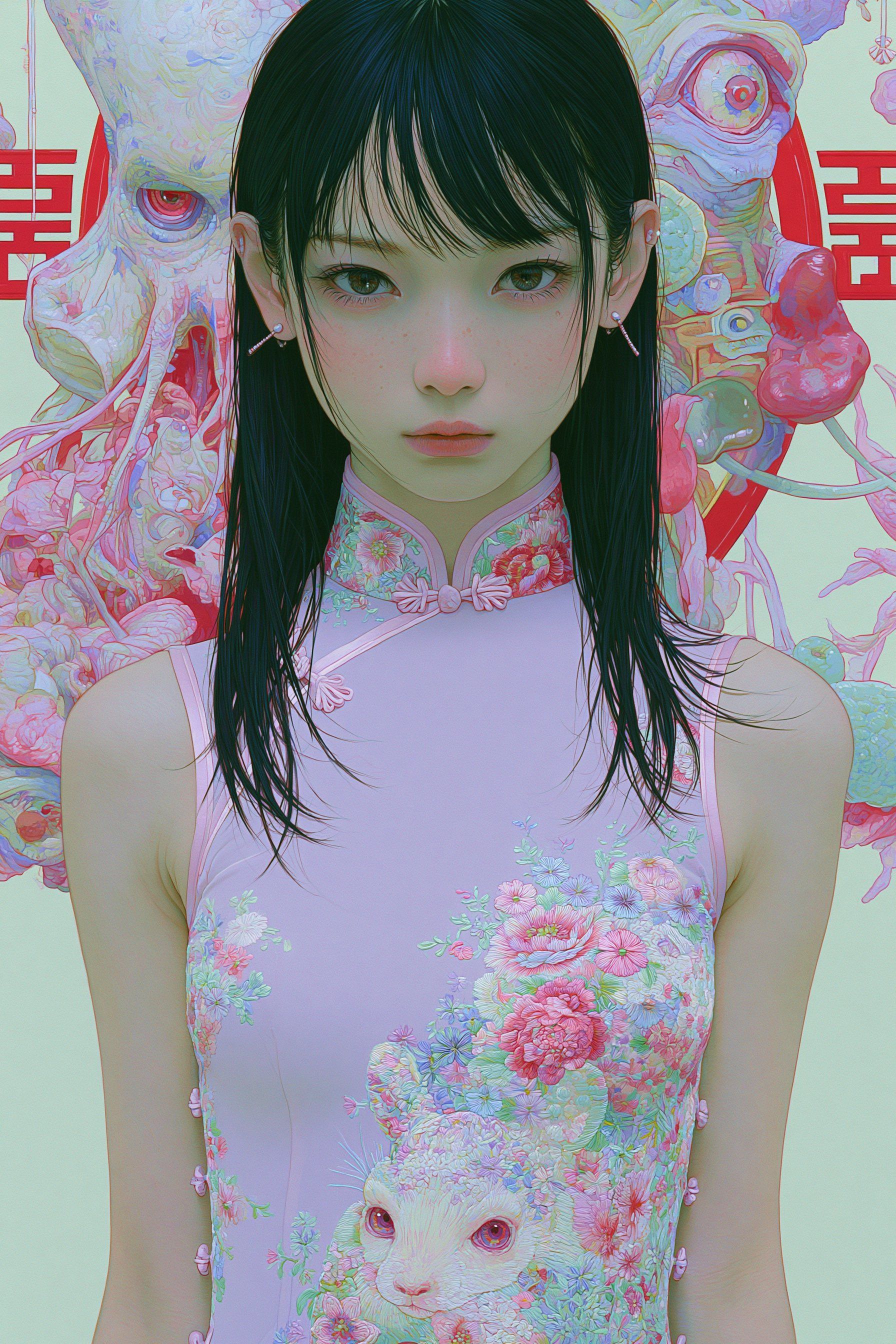A girl with long black hair in a light purple qipao with complex biomechanical totem background
