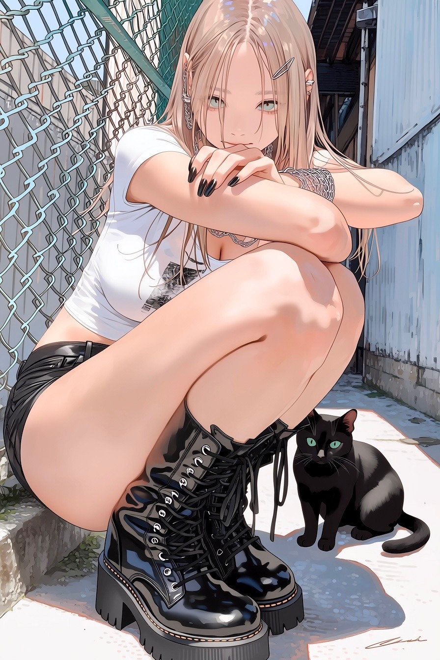 Blonde girl in a white fitted T-shirt and black shorts