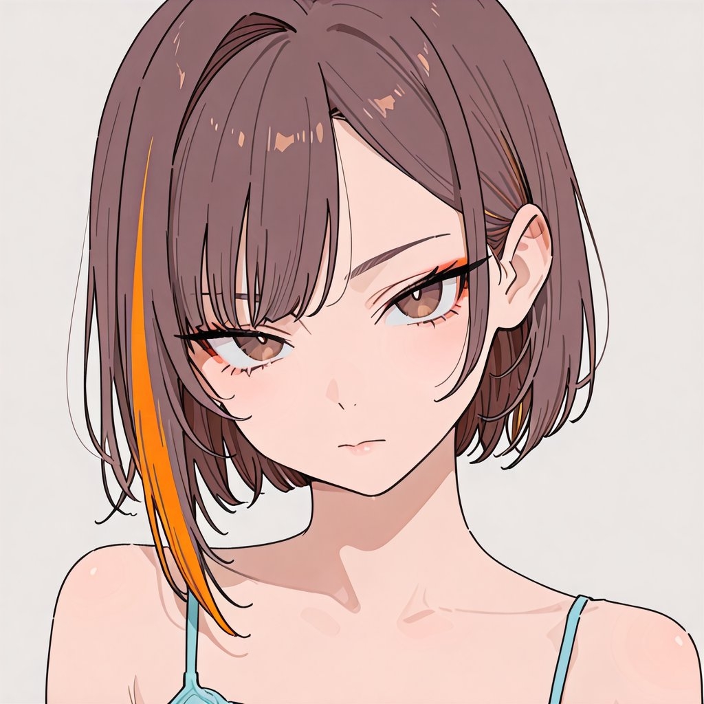 The illustration features a close-up of a short-haired girl with deep brown bob hair and an orange highlight, conveying a laid-back expression