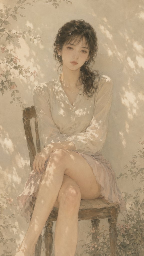 Une fille avec des cheveux bouclés bas portant une chemise beige et une jupe rose clair assise sur une vieille chaise en bois