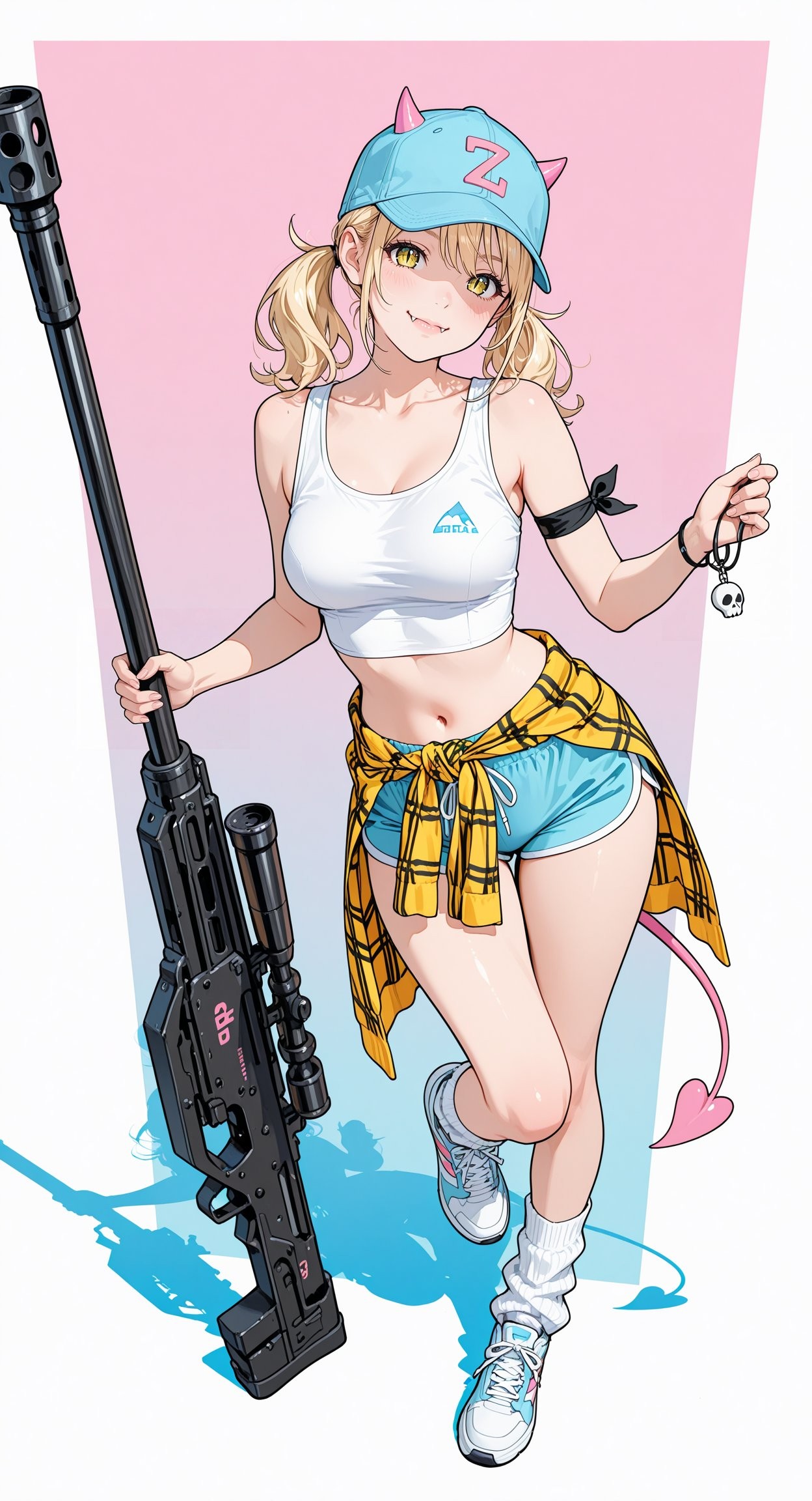 A golden pigtail girl wearing a cat ear cap, a white vest with blue shorts, holding a black sniper rifle