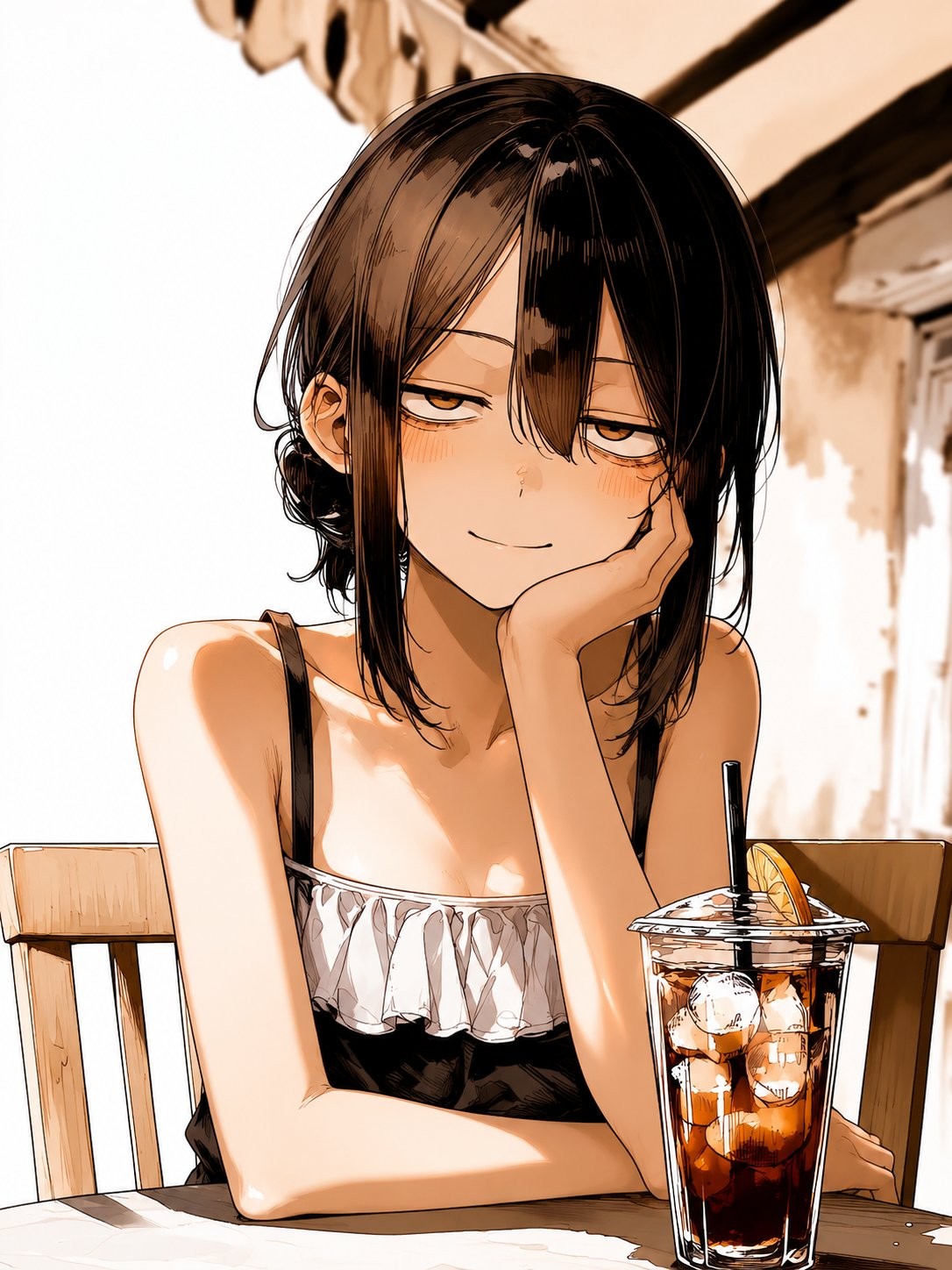 Una chica de anime japonés con un vestido blanco y negro sonriendo perezosamente junto a un café helado