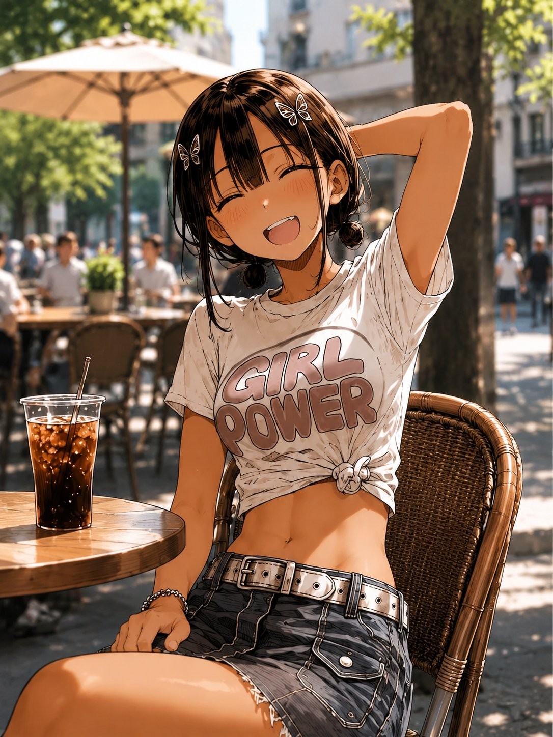 A girl with dark brown bun hairstyle wearing a white T-shirt and denim skirt enjoys the su...