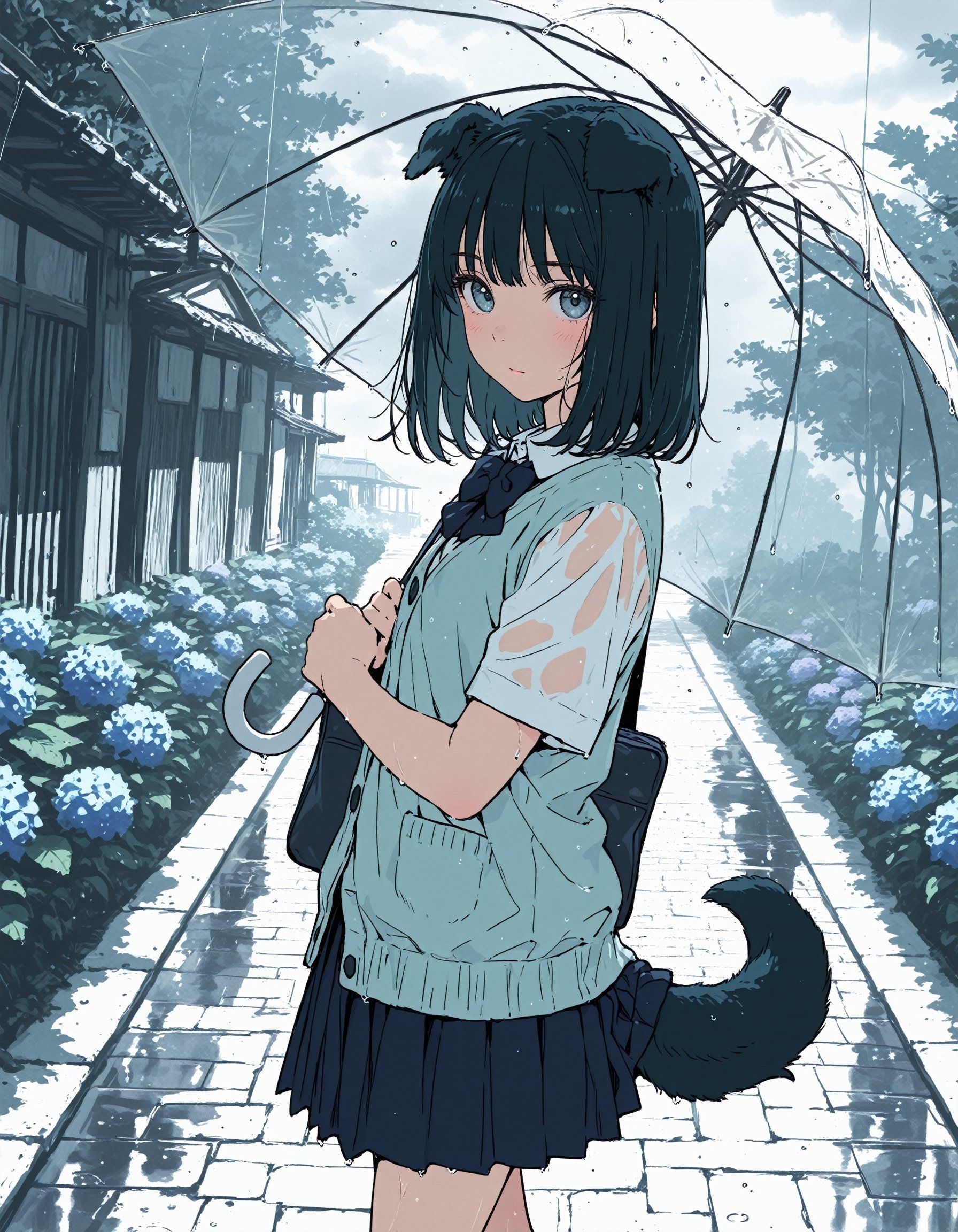 Anime wallpaper of a beast-eared girl walking in the rain