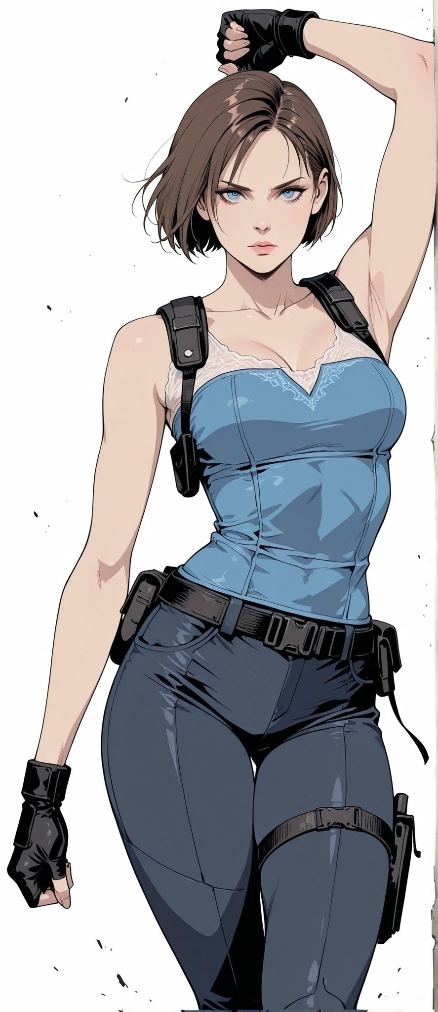 Depicts a short-haired brown-haired woman in a tight corset and deep blue jeans