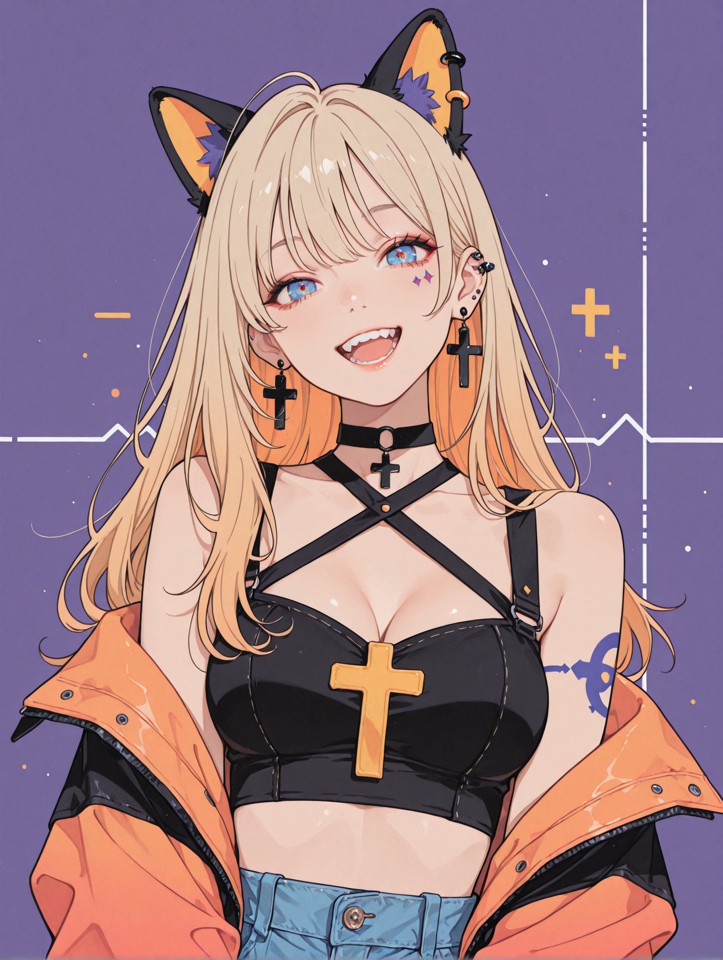 A girl in black and orange cat ear accessories and an orange coat expresses a distinct subculture vibe