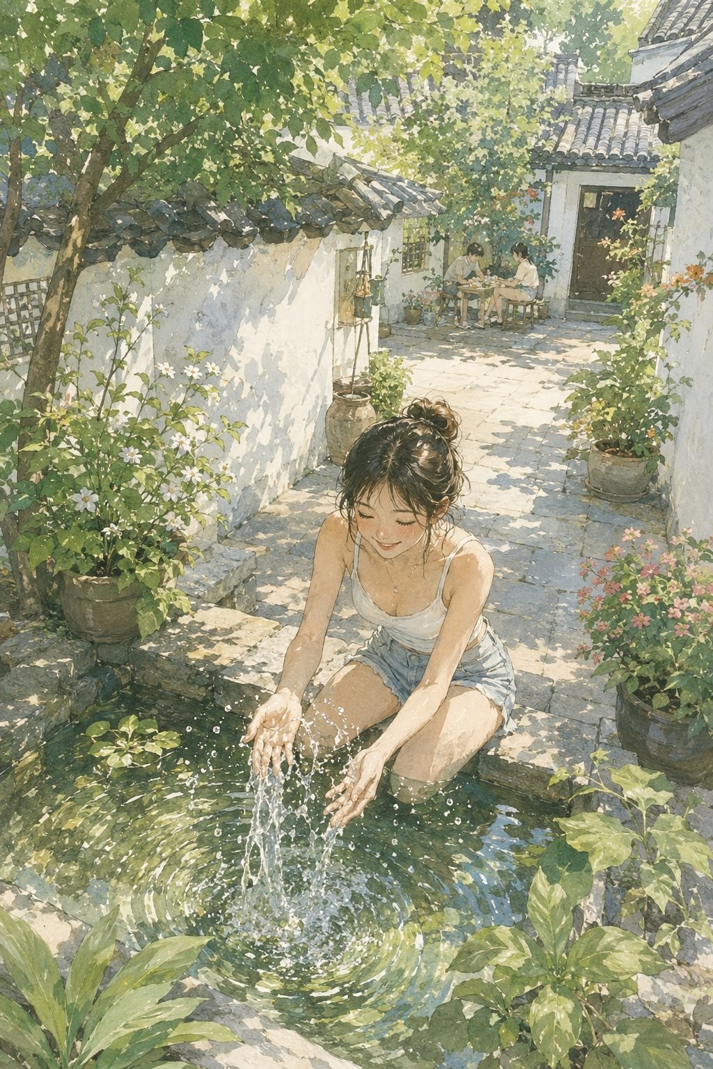 Ein Mädchen mit einem lässigen Dutt trägt ein weißes Top und Jeansshorts und spielt im Wasser im Schatten eines alten Innenhofs in Jiangnan