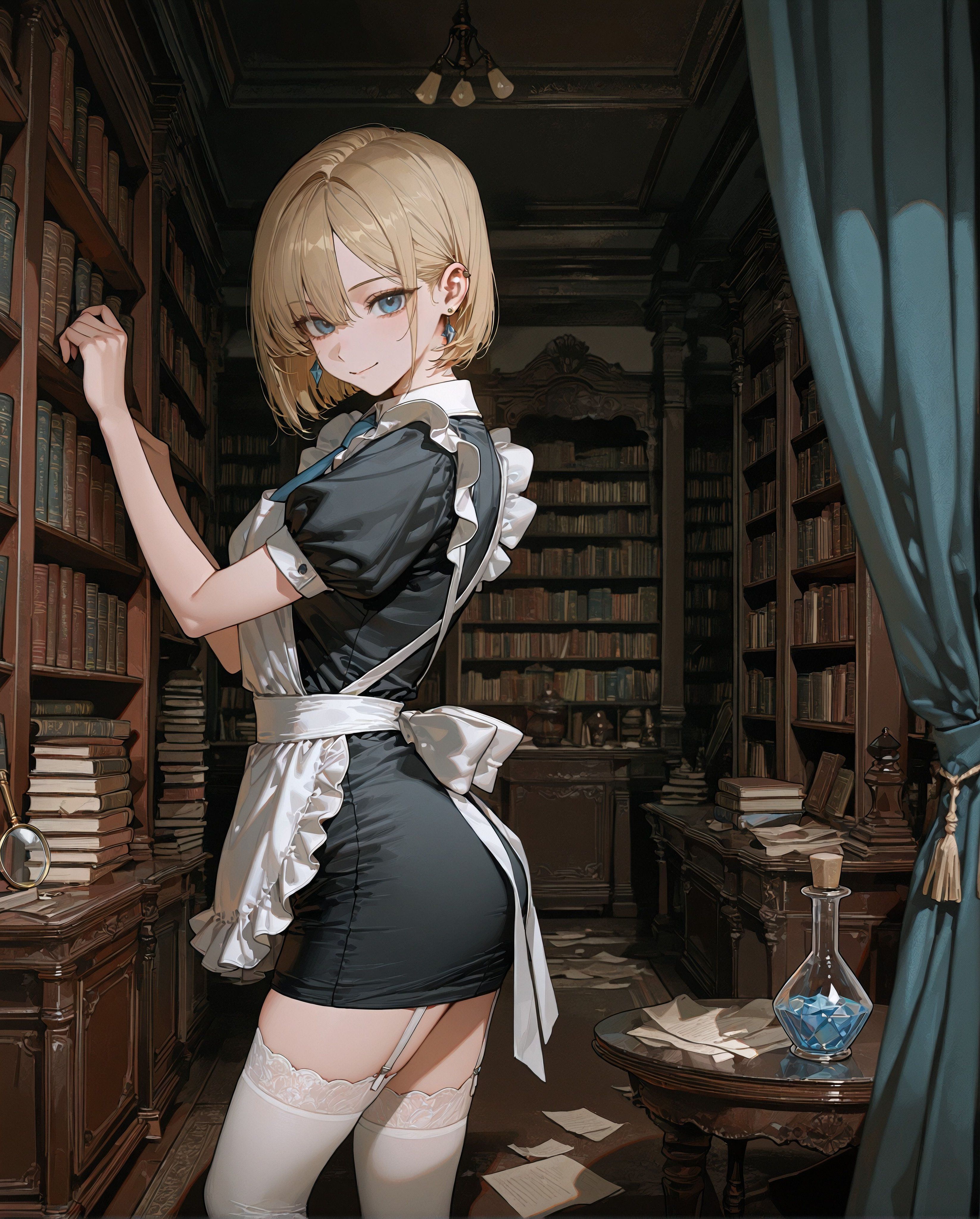 金髪の少女がクラシックな図書館で白黒のメイド服を着て立っている