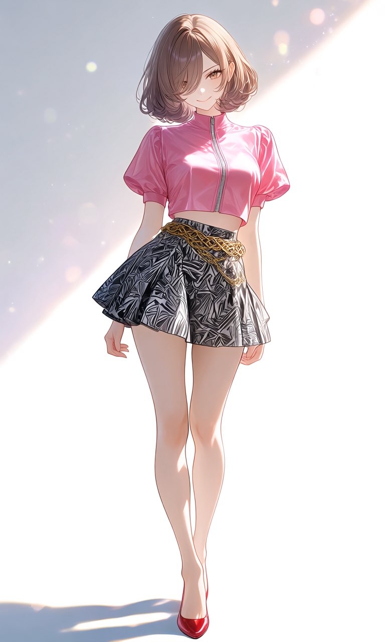Ein Stadmädchen in einer rosa Jacke mit einem geometrischen gemusterten Rock und roten High Heels