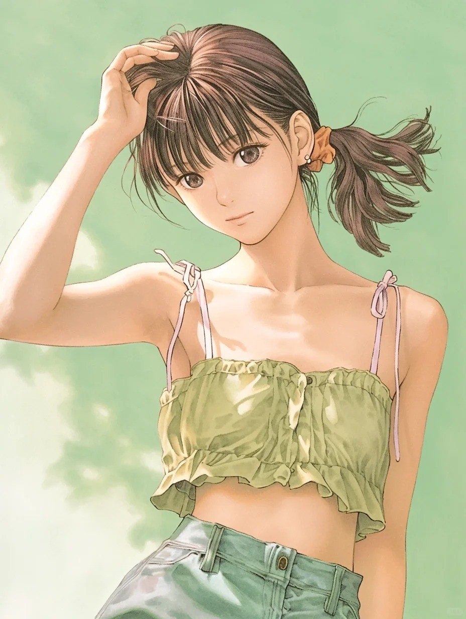 A brown-haired girl with twin tails wearing a green frill top and denim shorts