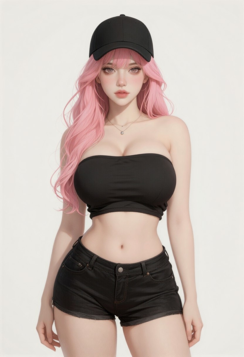 A pink-haired girl wearing a black baseball cap, black top, and denim shorts showcasing her midriff