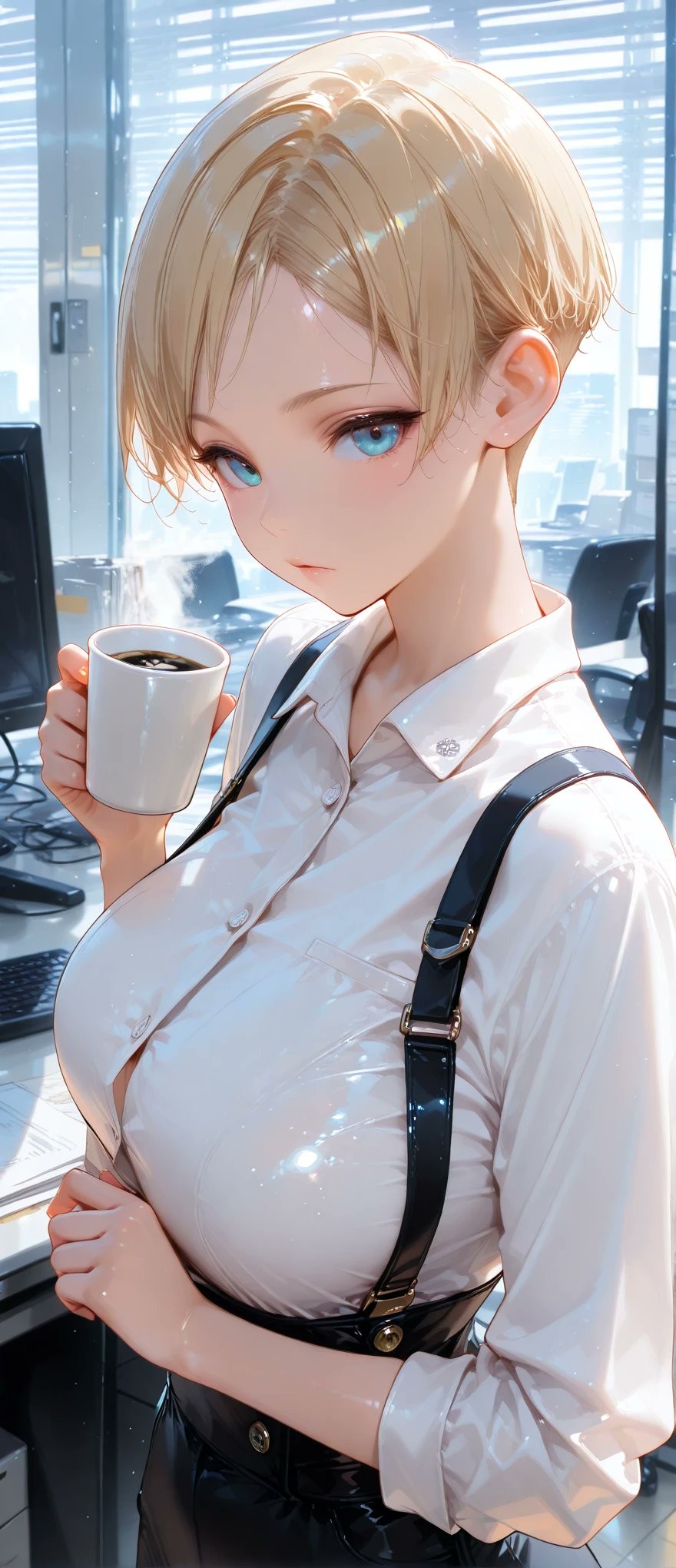 A blonde blue-eyed OL girl holding a coffee cup in a modern office