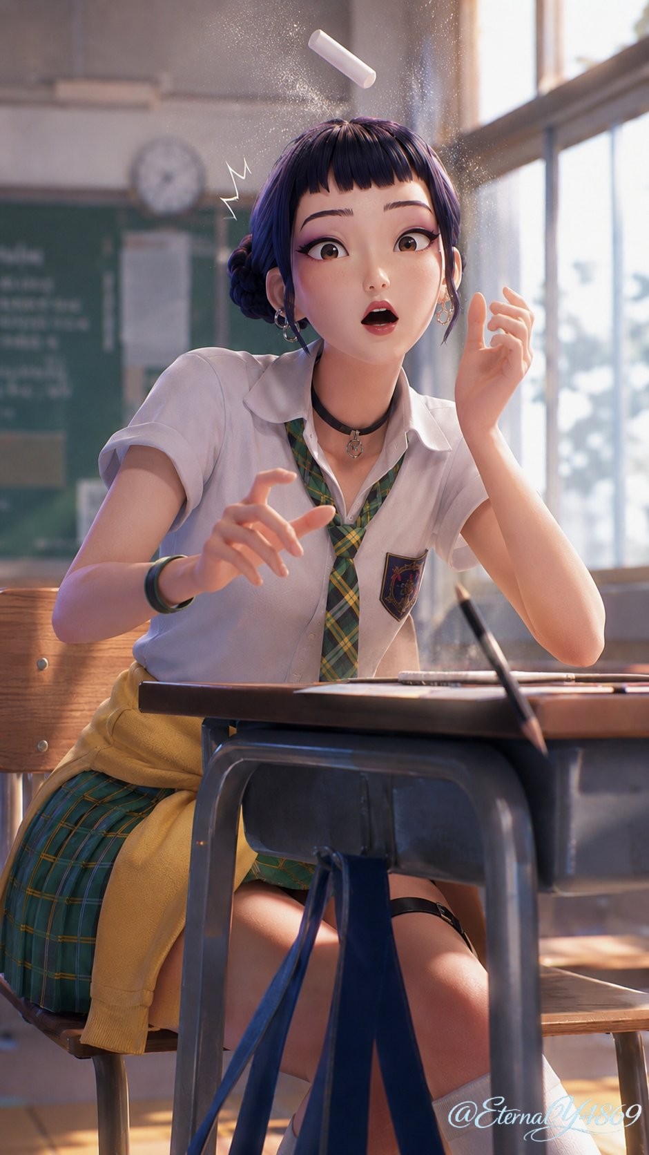 教室の中、紫色の髪の少女が窓の外の影に驚いている