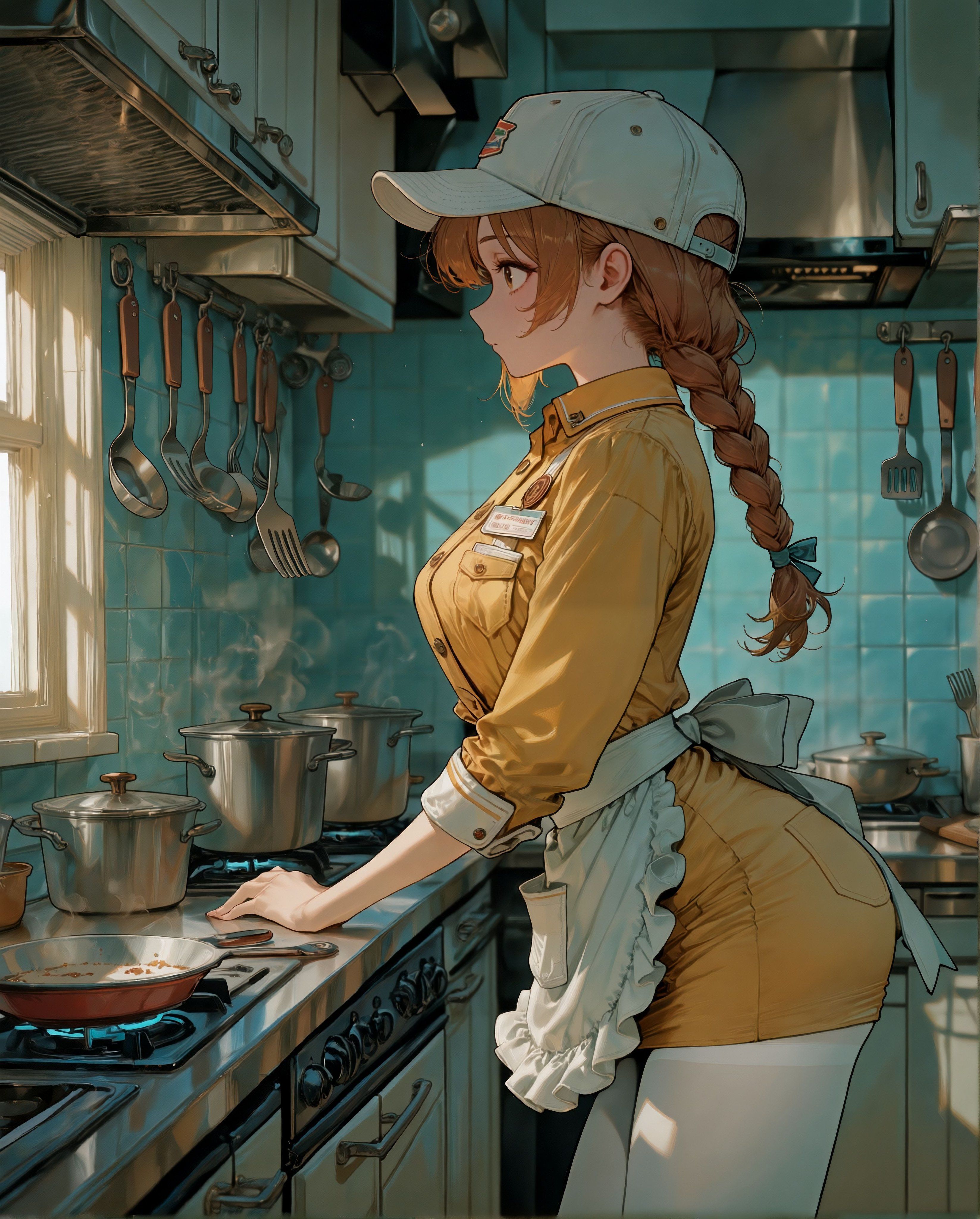 Une fille aux cheveux orange cuisine dans la cuisine en portant un uniforme jaune et un tablier blanc