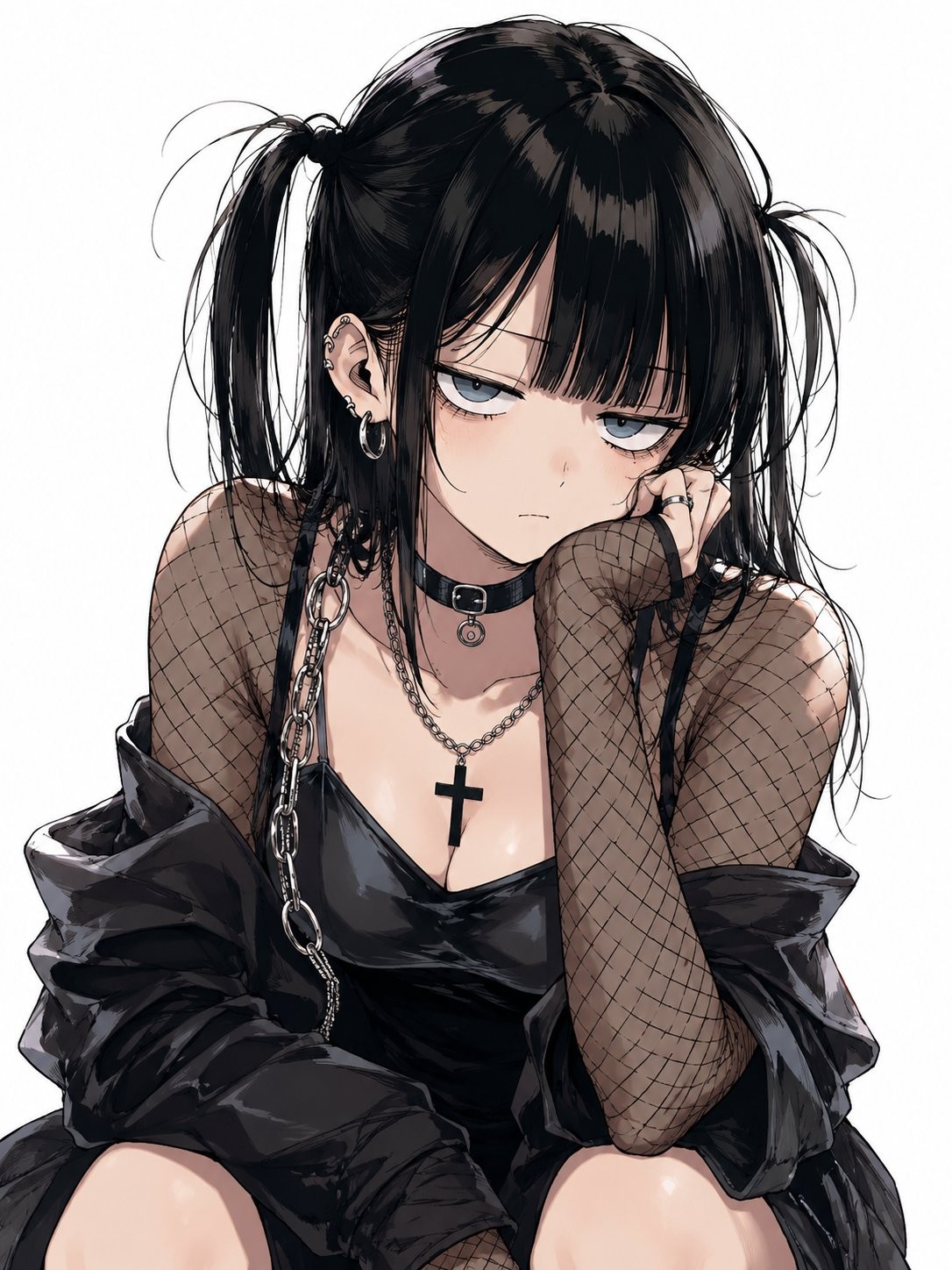 Ein langhaariges Mädchen mit schwarzen Haaren präsentiert einen kalten Gothic-Lolita-Stil