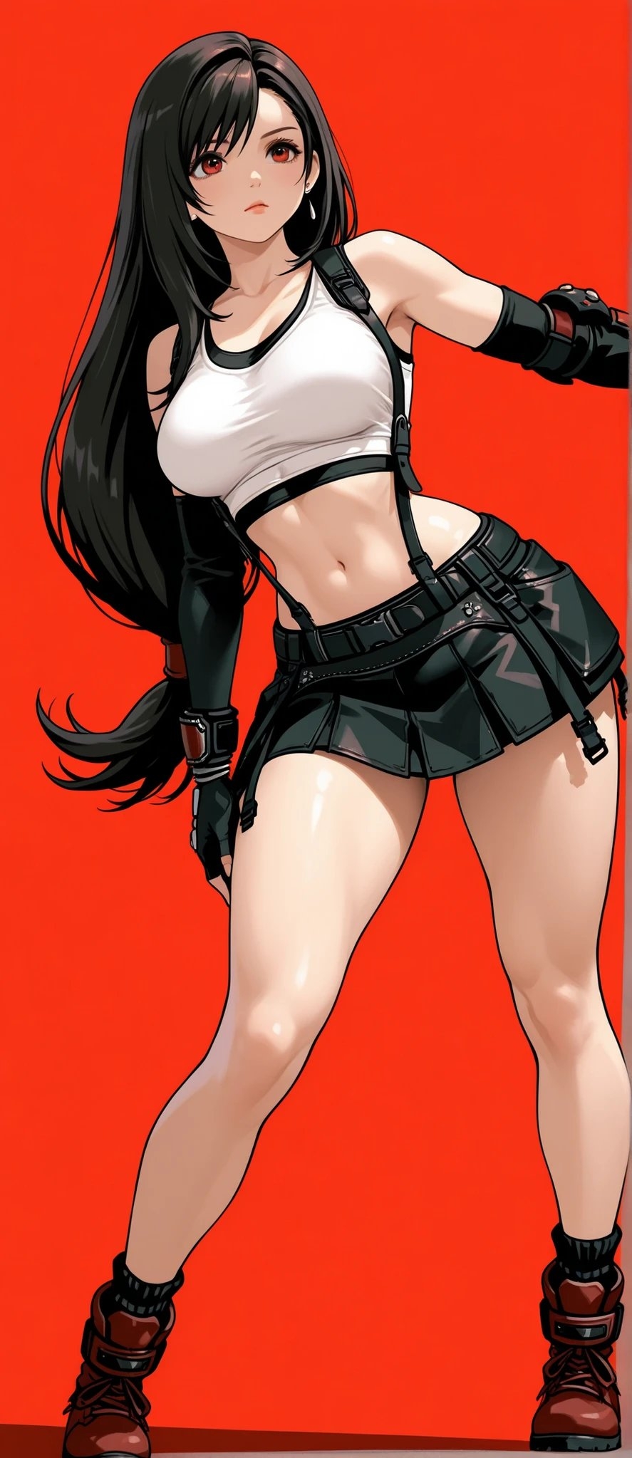 El personaje es una mujer con cabello largo y ojos rojos, vestida con un atuendo de estilo de combate funcional