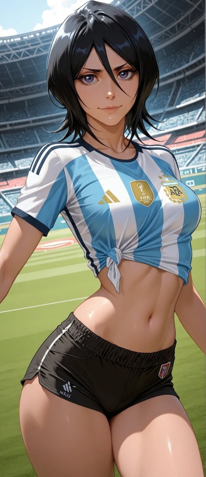 Eine weibliche Figur steht in der Mitte des Feldes und trägt dasTrikot der argentinischen Mannschaft sowie schwarze Sportshorts