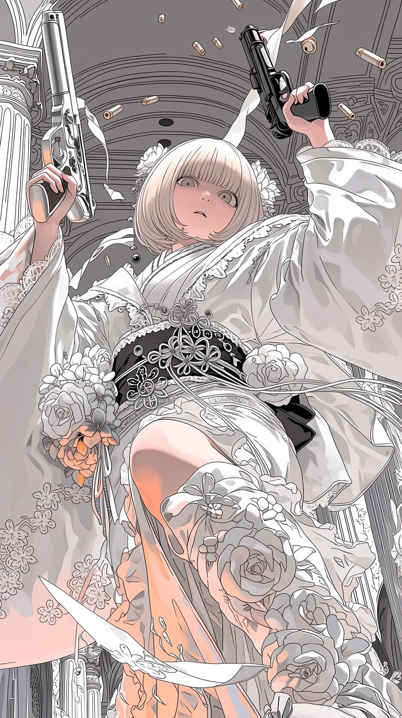 Ein weißhaariges Mädchen in einem prächtigen weißen bestickten Kimono zeigt ihre kalte Anmut mit zwei Pistolen