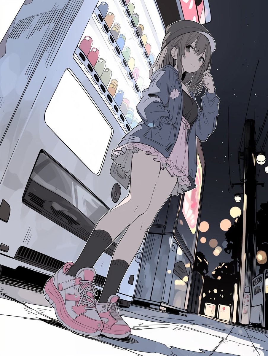 夜の街角で、白いベレー帽をかぶった少女が自動販売機のそばに立っている。彼女はダークブルーのジャケットとピンクのスカート、厚底スニーカーとニーハイソックスを着ている