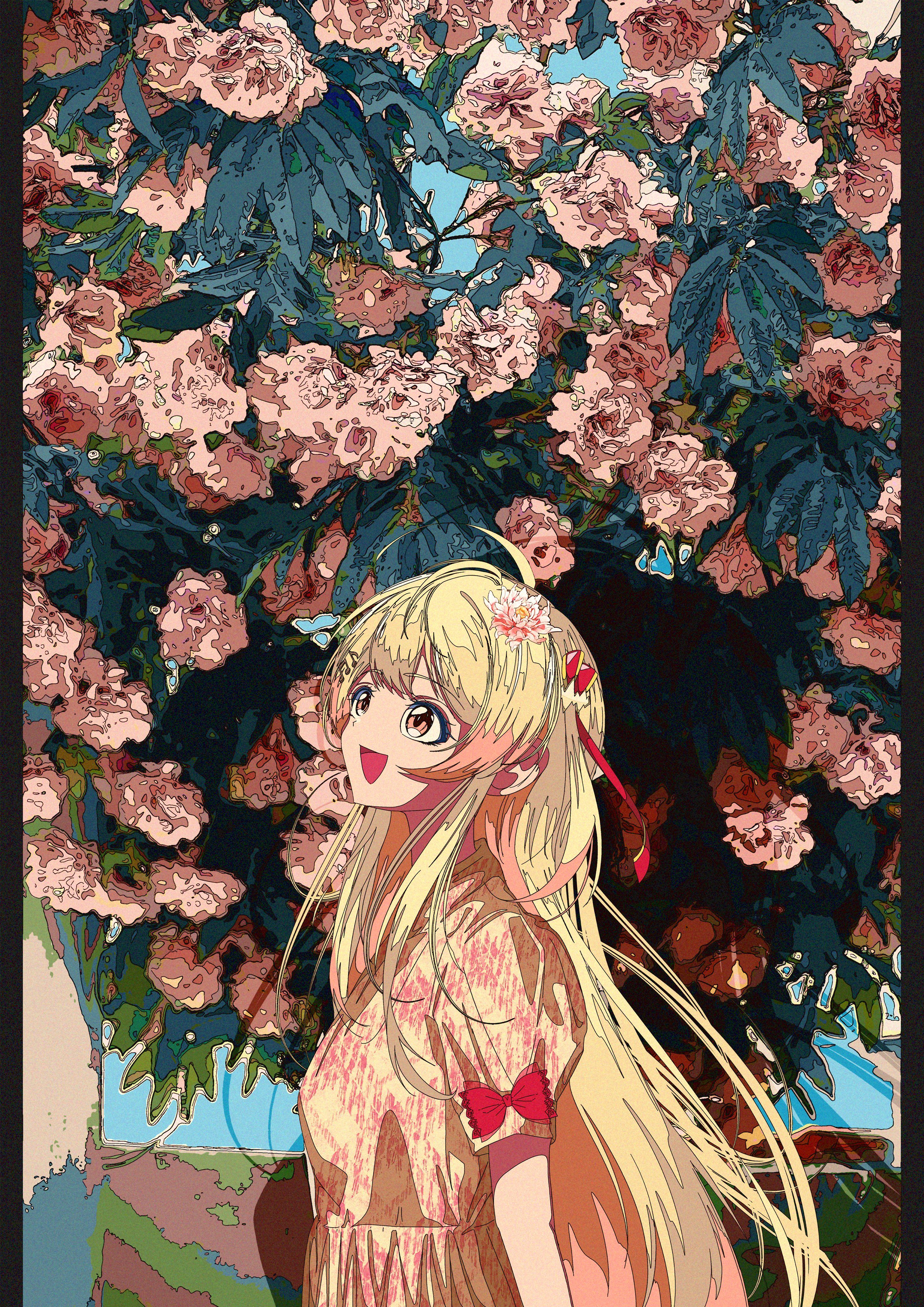 Blonde girl wearing light pink floral kimono dress smiling under cherry blossom tree