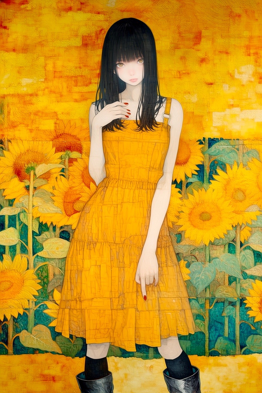 A black-haired girl in a bright yellow sundress stands in a sunflower field