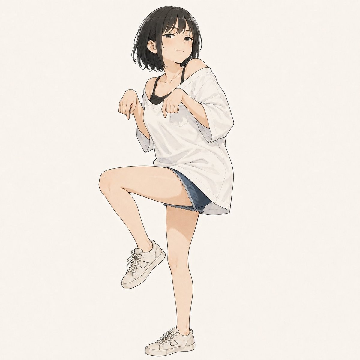 A girl with a short black hairstyle wears a white off-shoulder T-shirt and denim shorts