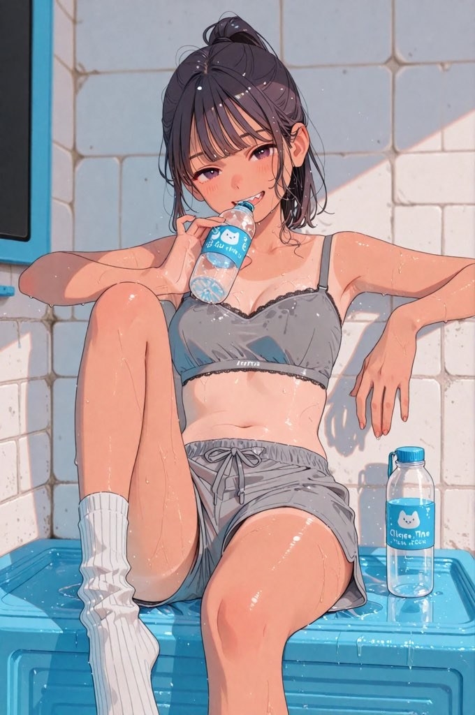 Ein Mädchen mit einem tiefen Dutt sitzt lässig auf einer blauen Plastikbox unter der Sommersonne