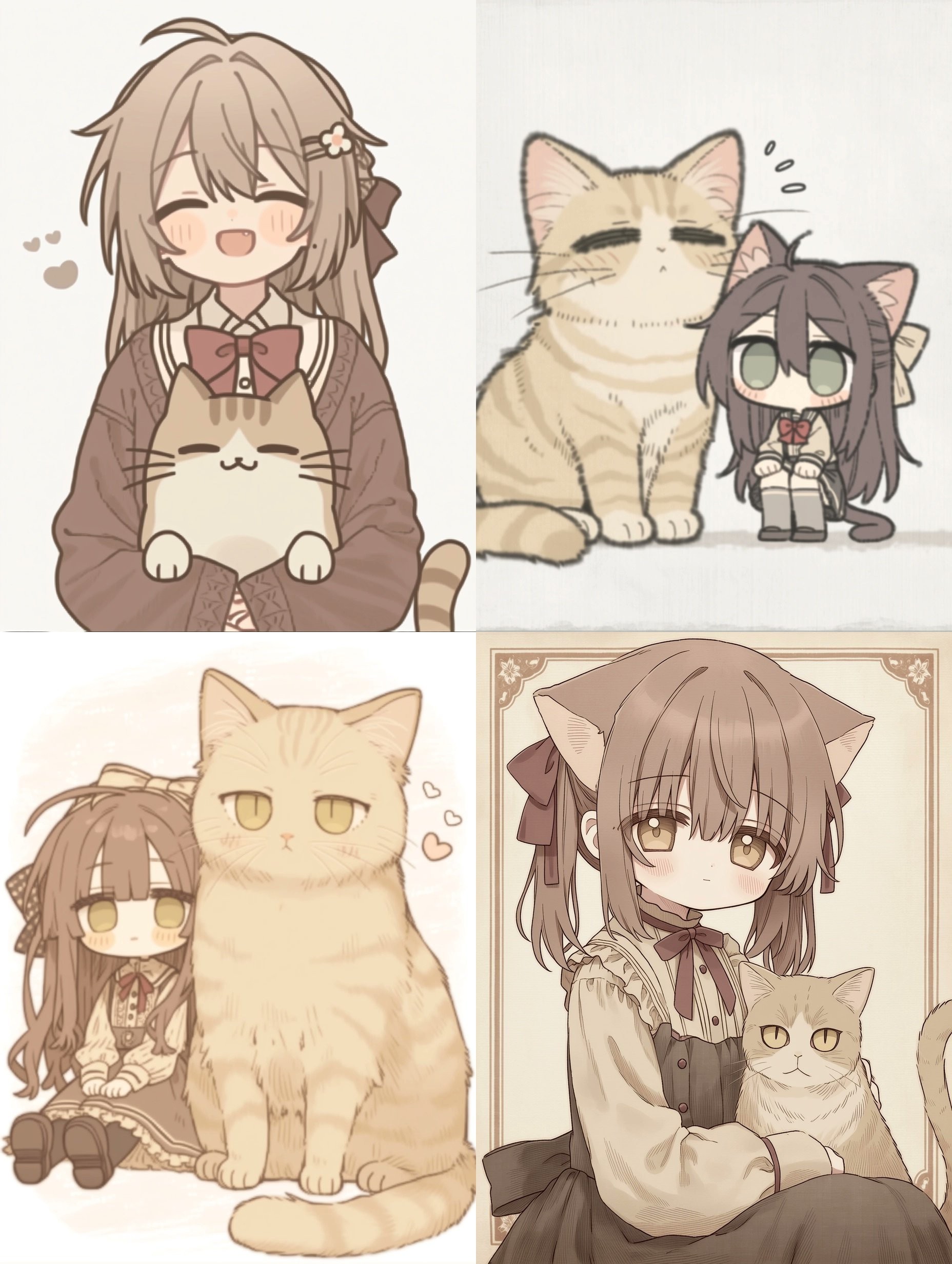 Une illustration chaleureuse en quatre panneaux de quatre filles mignonnes et d'un chat