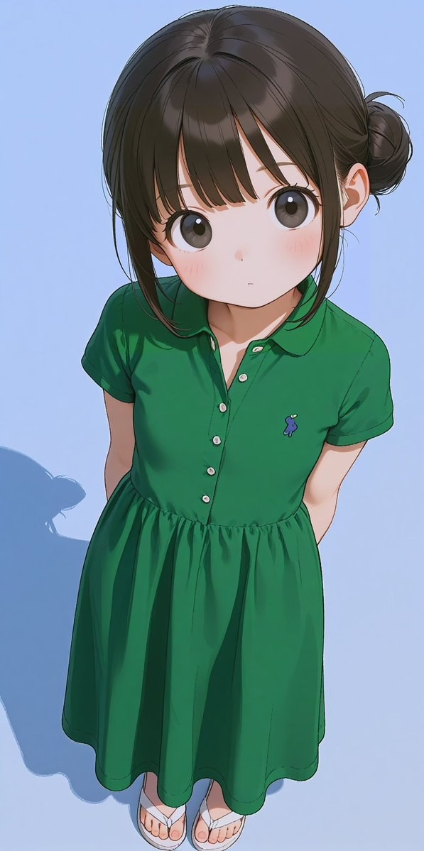 少女身穿綠色短袖Polo連衣裙，微俯視雙手背後，清新明快