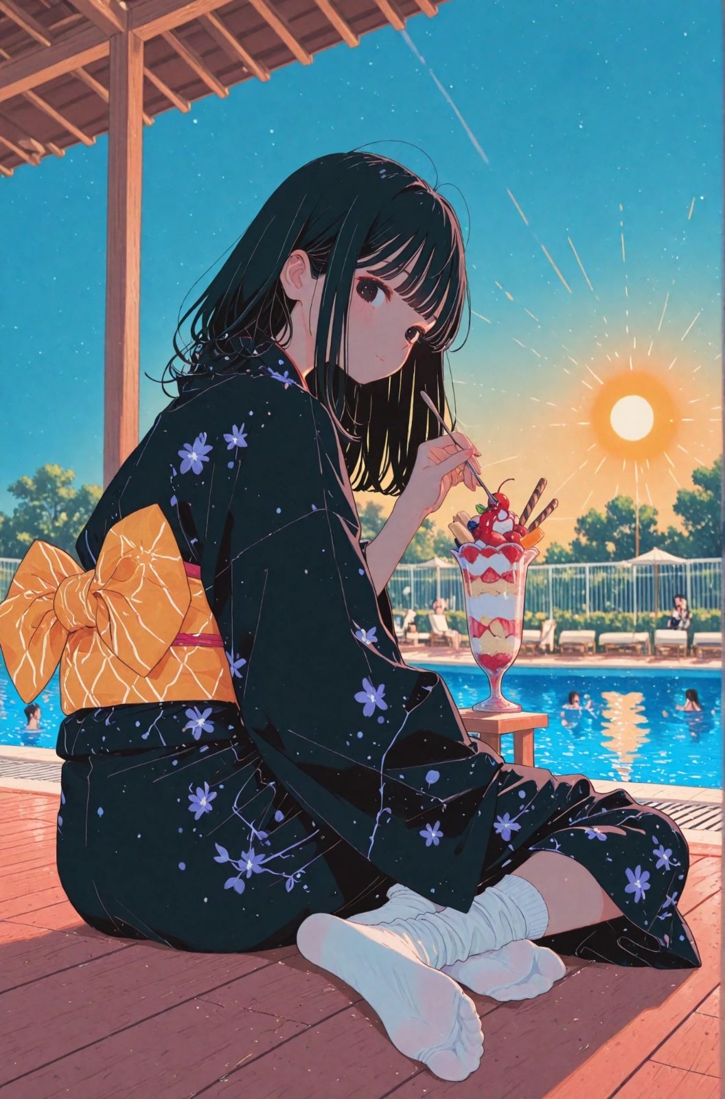 黒い紫の浴衣を着た黒髪の少女が、明るい黄色のリボンベルトを締めて、プールサイドの木製プラットフォームに座り、ストロベリー、クリーム、クッキーの重なったバラエティブッフェを楽しんでいます。