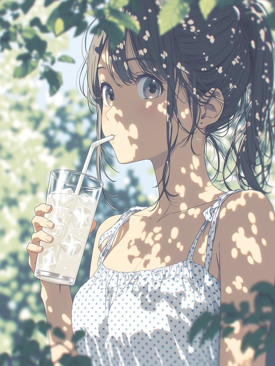 A black-haired girl in a white polka dot dress is enjoying a drink under the shade