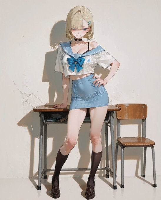 一位金髮少女穿着露肩水手服和藍色短裙，倚靠在課桌旁