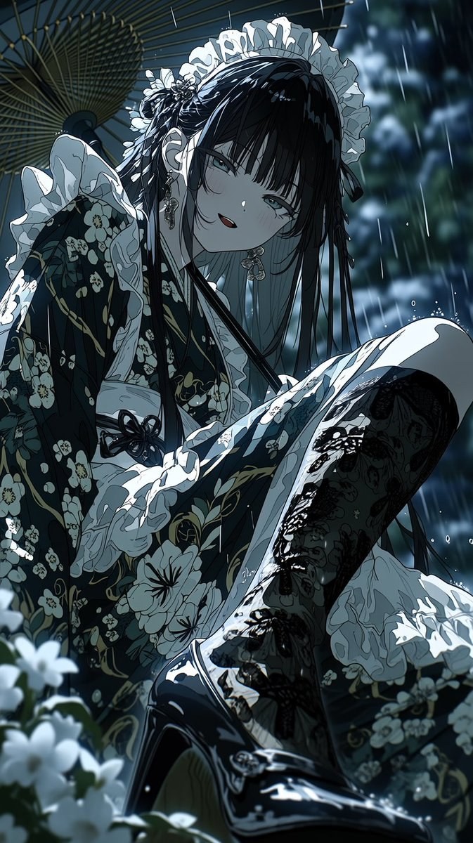 Uma menina de cabelo preto vestindo um quimono floral senta-se em silêncio na chuva