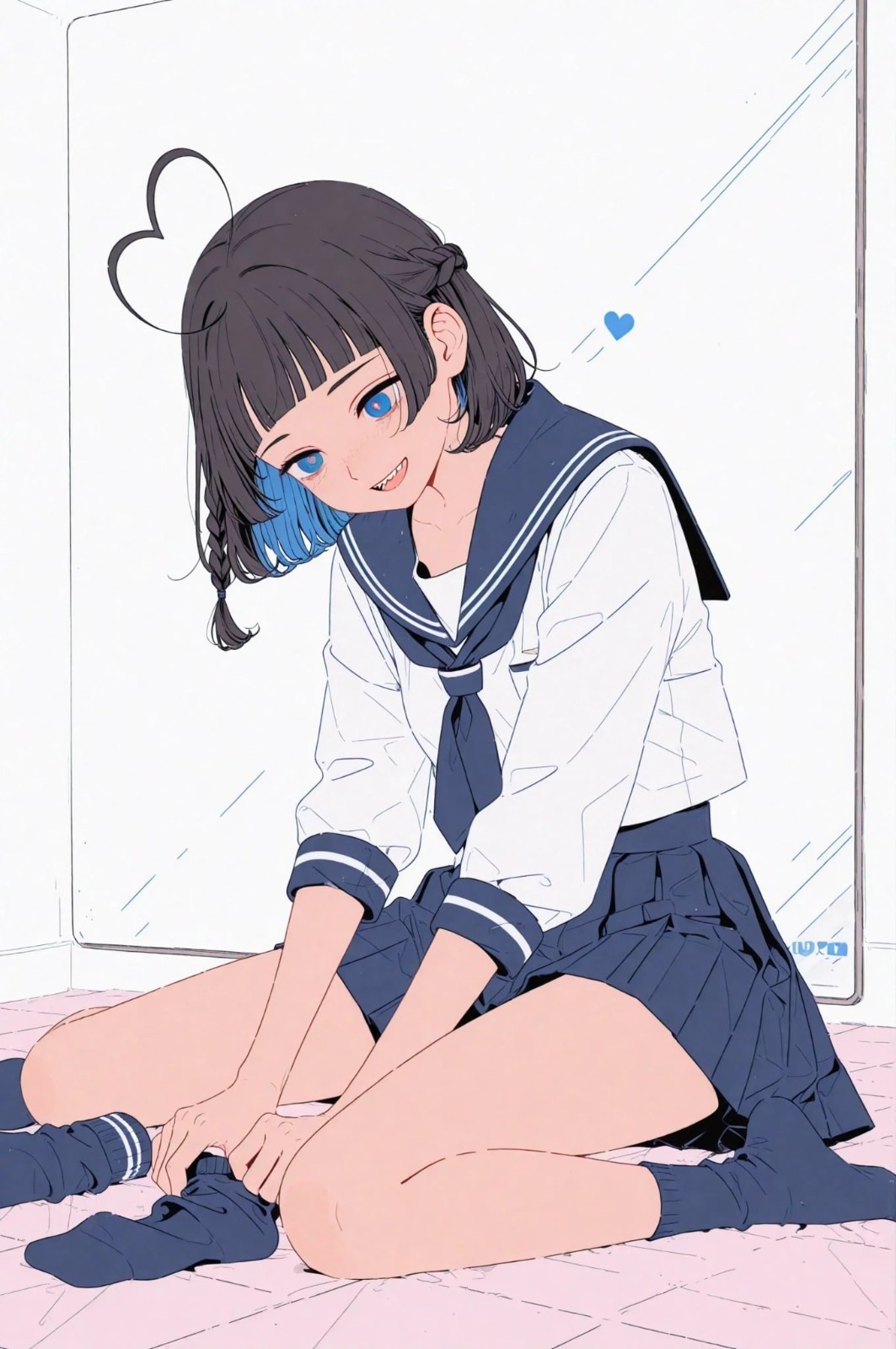 Une fille aux yeux bleus en uniforme de marin et jupe plissée, assortie de chaussettes mi-mollet, avec une expression douce.
