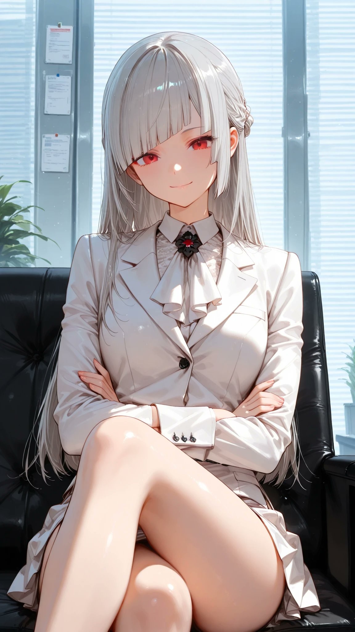 Elegant anime young woman in a white business suit with long silver-white hair and striking crimson eyes