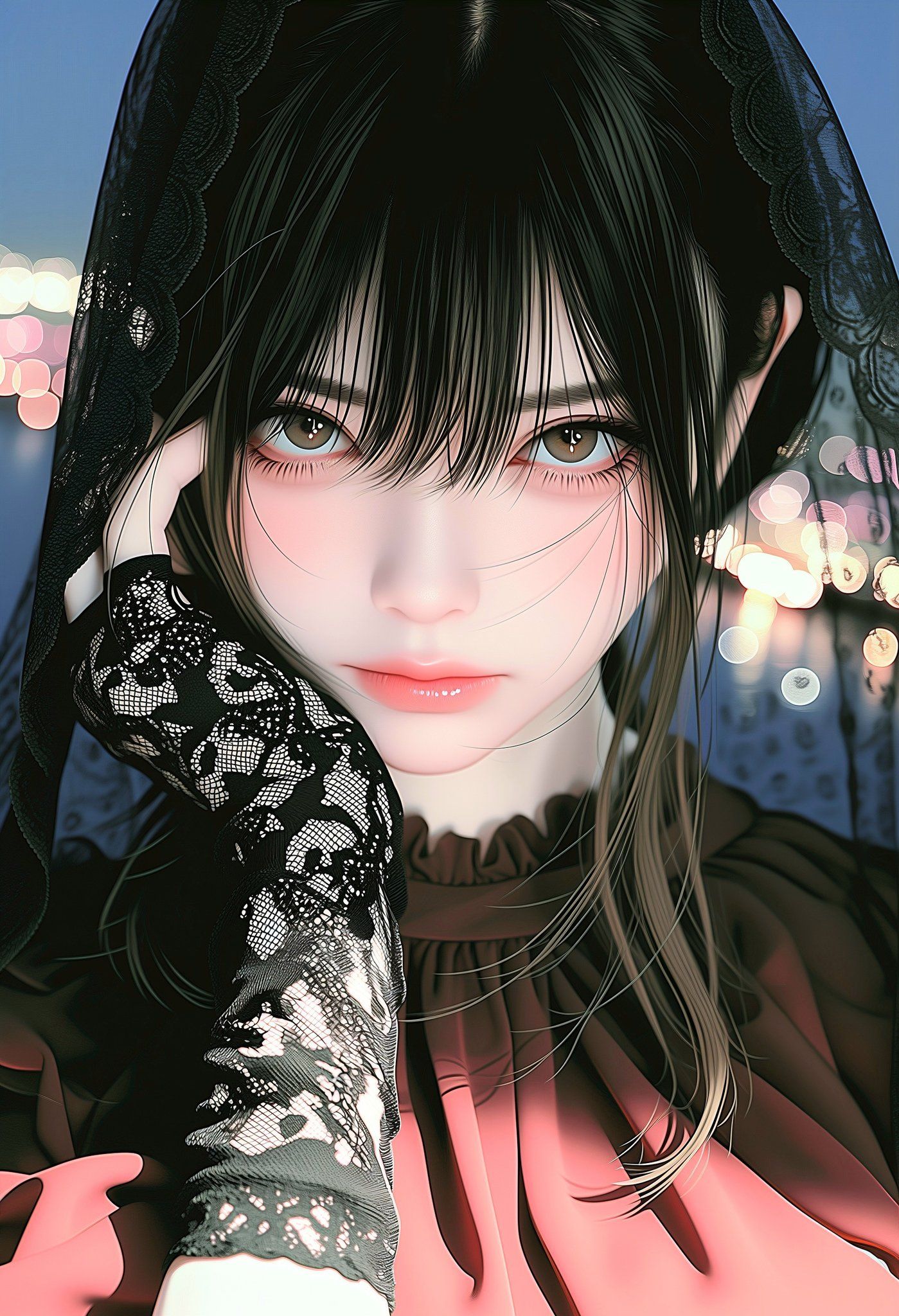 黒いレースのベールと暗い赤のドレスを合わせた優雅な少女が神秘的な雰囲気を醸し出す