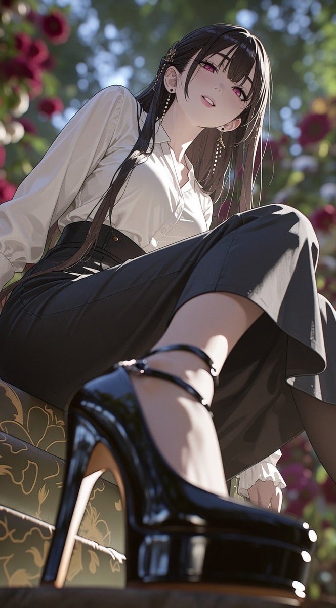Une femme aux cheveux noirs est assise sur une boîte dans un jardin de fleurs, portant une chemise blanche et une jupe longue noire avec des talons épais