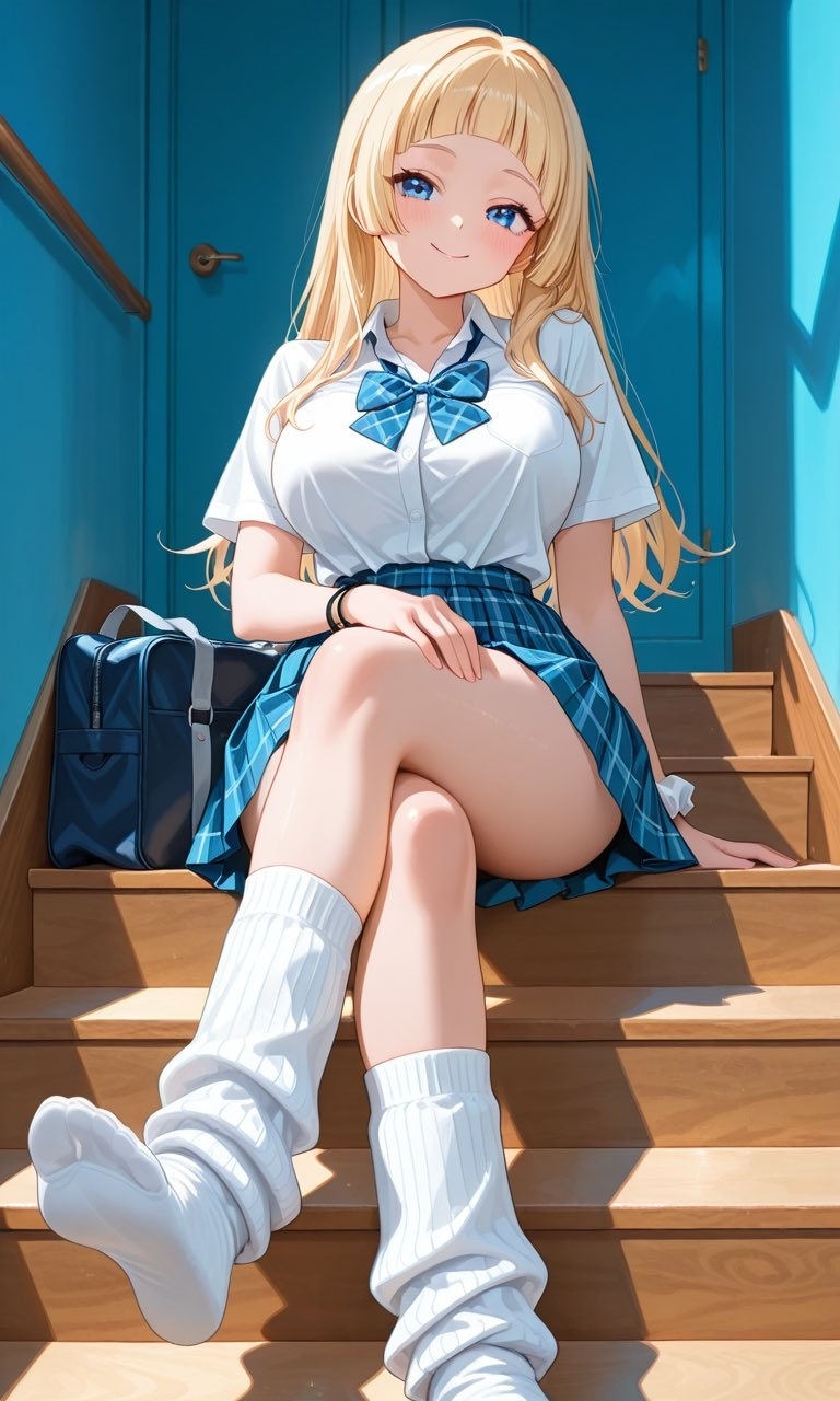 Une fille de style anime aux cheveux blonds et aux yeux bleus est assise sur un escalier en bois portant une chemise blanche, une jupe à noeud bleue et des chaussettes blanches, avec la lumière du soleil créant un style d'illustration de campus japonais.