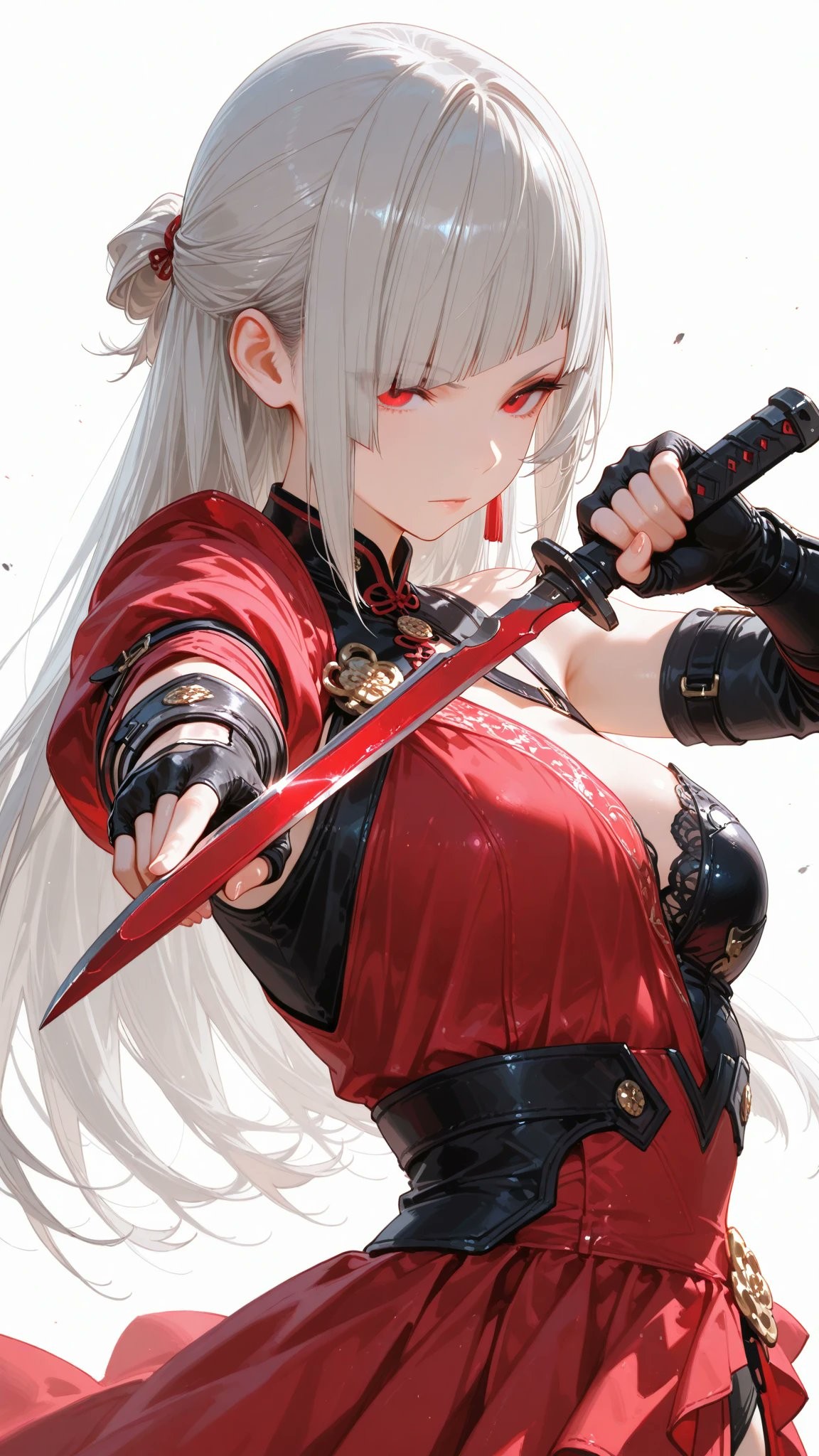 Long platinum-white hair half-tied with red ornament, wearing a red Chinese-style dress, dynamically drawing a katana