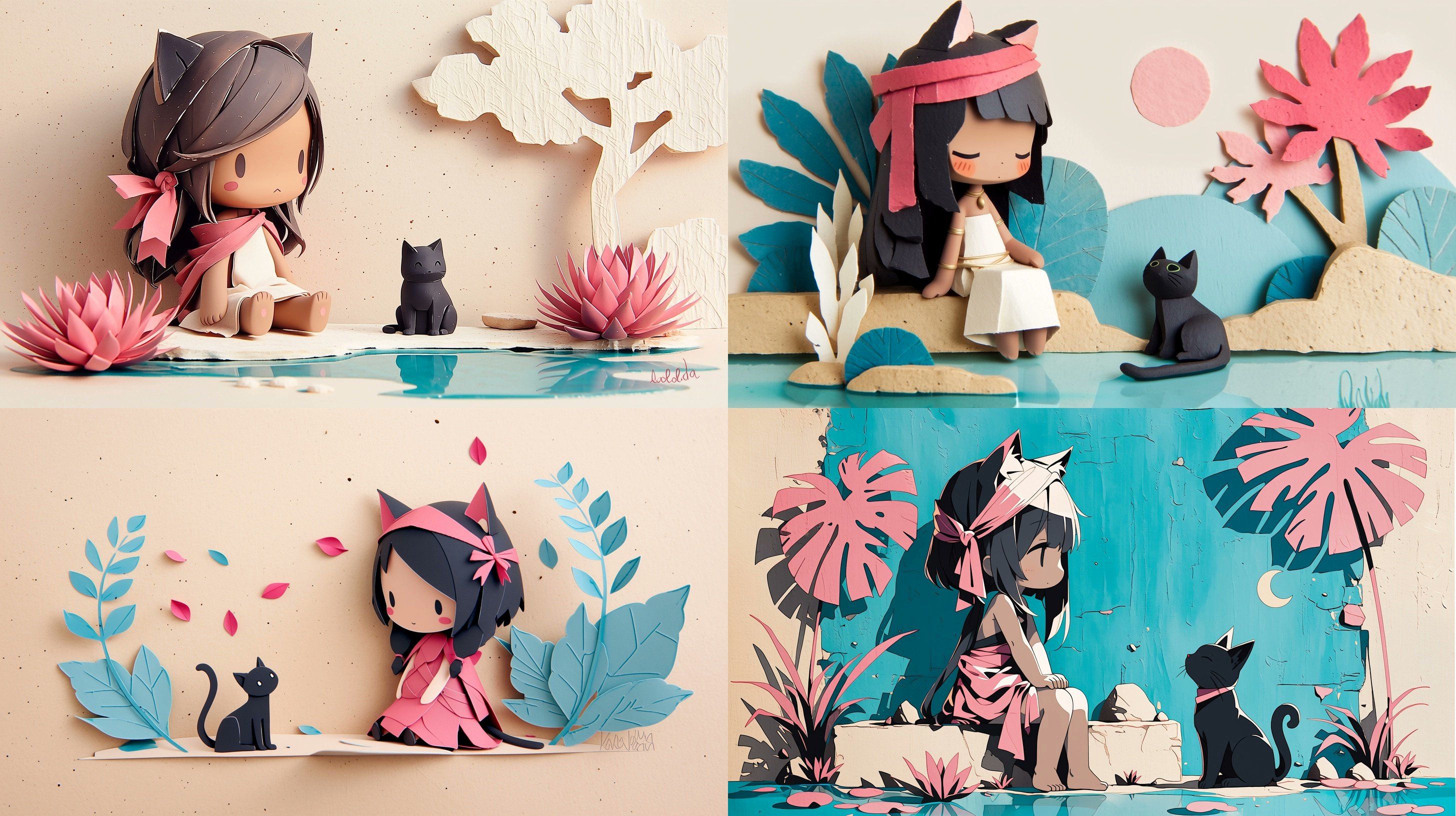 A three-dimensional paper sculpture of a girl with a black cat creates a dreamlike scene